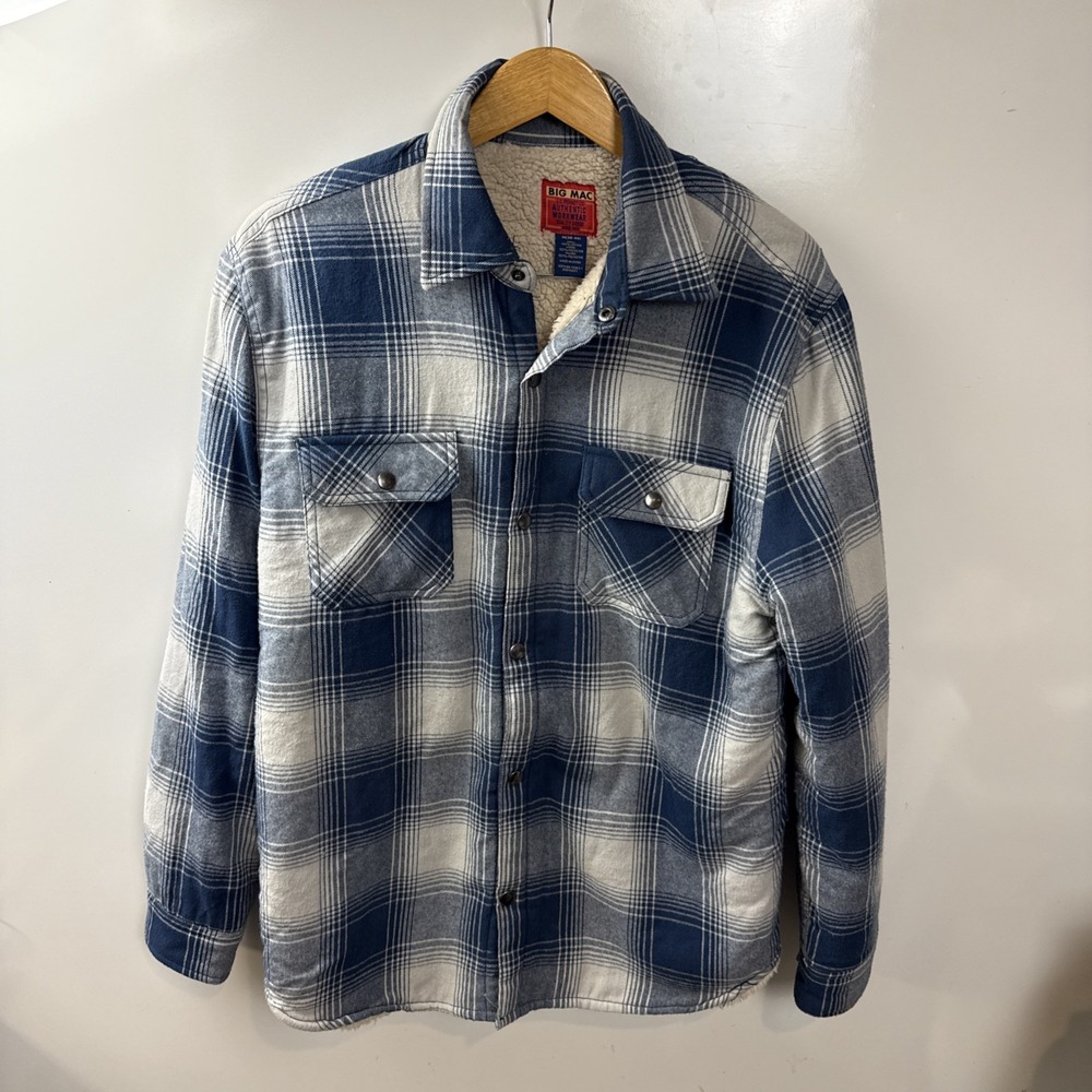 VTG Men's Big Mac Work Wear Blue Plaid Sherpa Faux Fur Lined Shirt Jacket Snap M